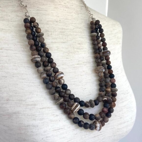 Sterling Silver 925 Tiered Brown Jasper Agate Layered 3 Strand Beaded Necklace - Picture 3 of 16